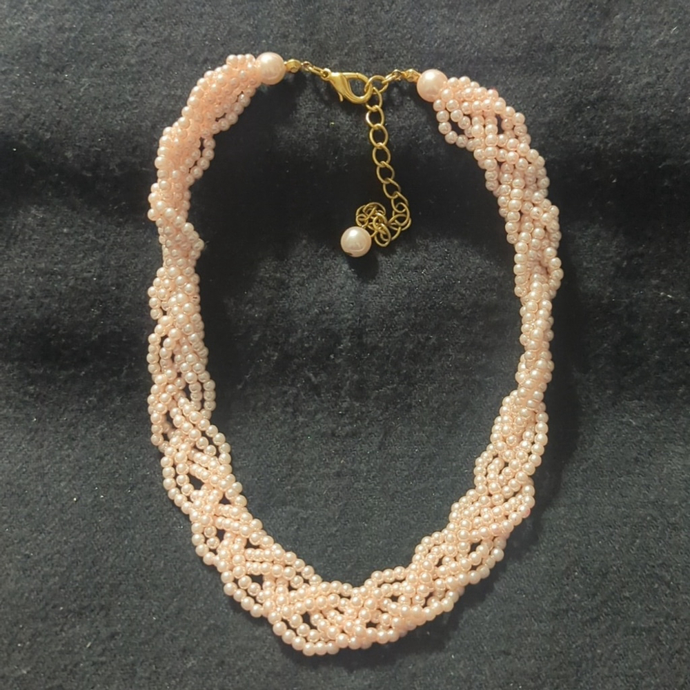 Gold Tone Pastel Light Pink Braided Faux Pearl Statement Necklace